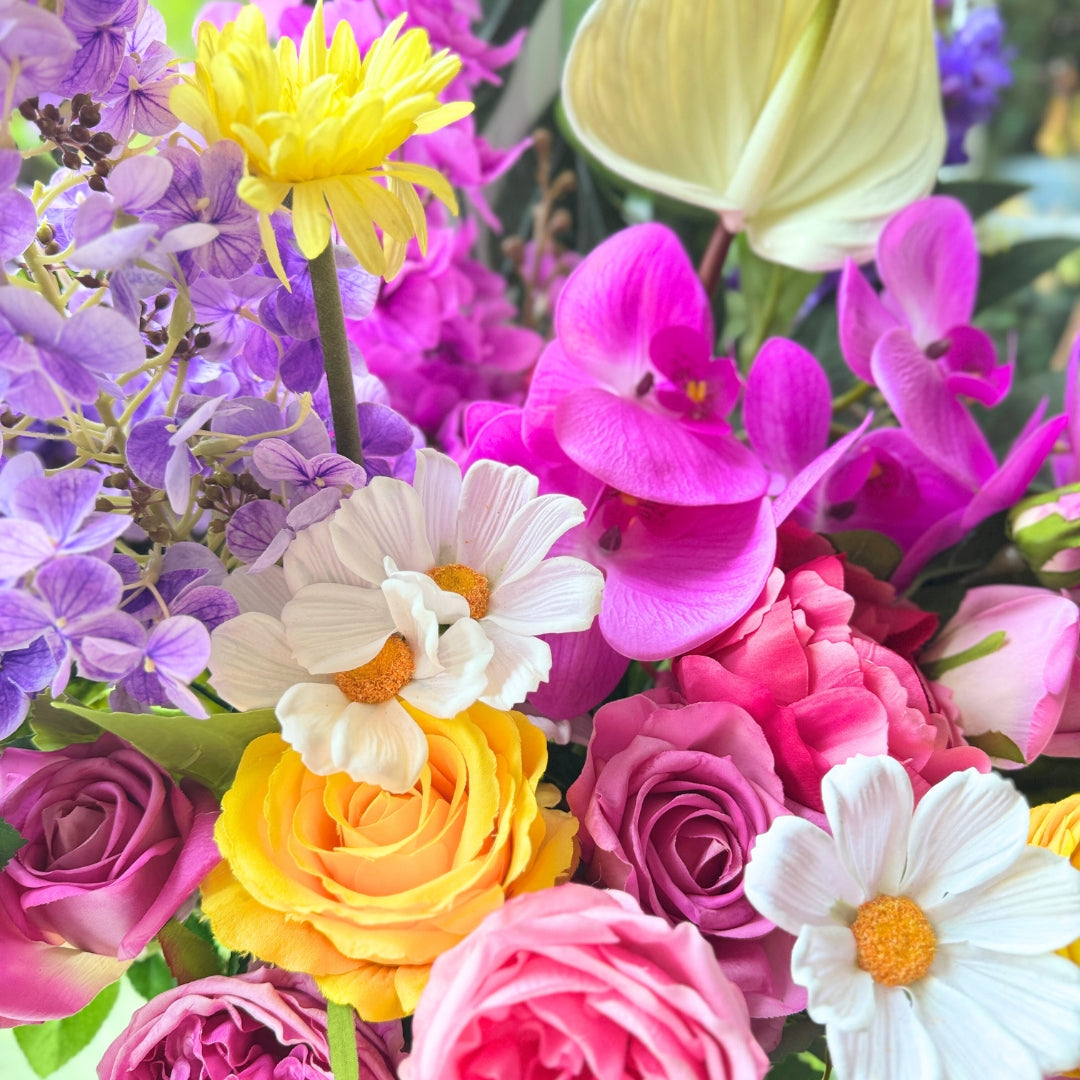 Close up of a Bouquet of brightly coloured artificial flowers and Real Touch flowers, by My Faux Florist artificial flowers Canada.