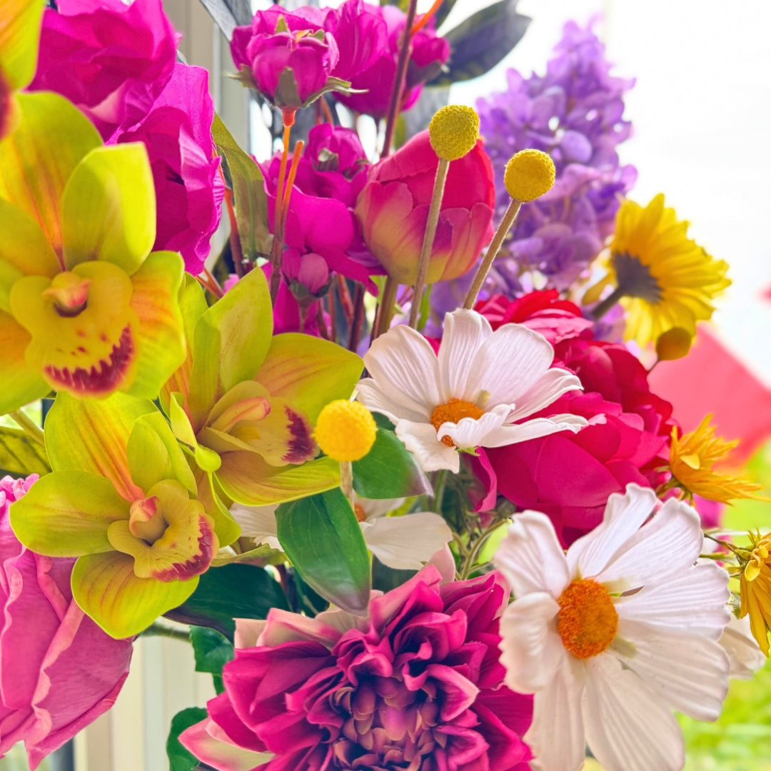 Close up of a Bouquet of brightly coloured artificial flowers and Real Touch flowers, by My Faux Florist artificial flowers Canada.