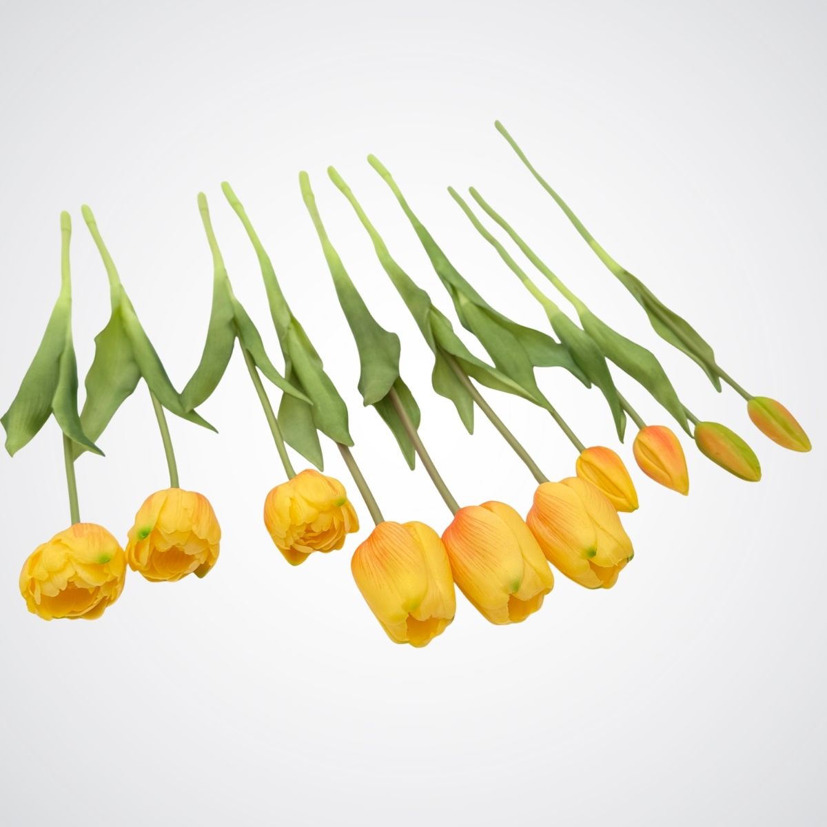 yellow artificial tulips laid out on on a light gray background, for My Faux Florist Canada