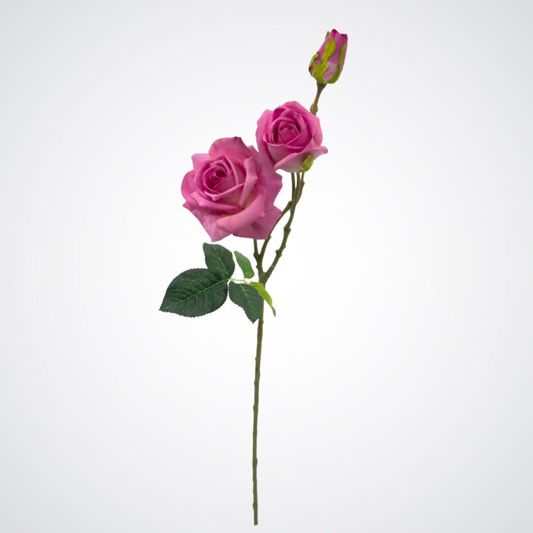 Full length view of mauve artificial rose stem featuring two full 'tea rose' blooms and a delicate Real Touch rosebud with deep pink hues and subtle purple undertones by My Faux Florist.