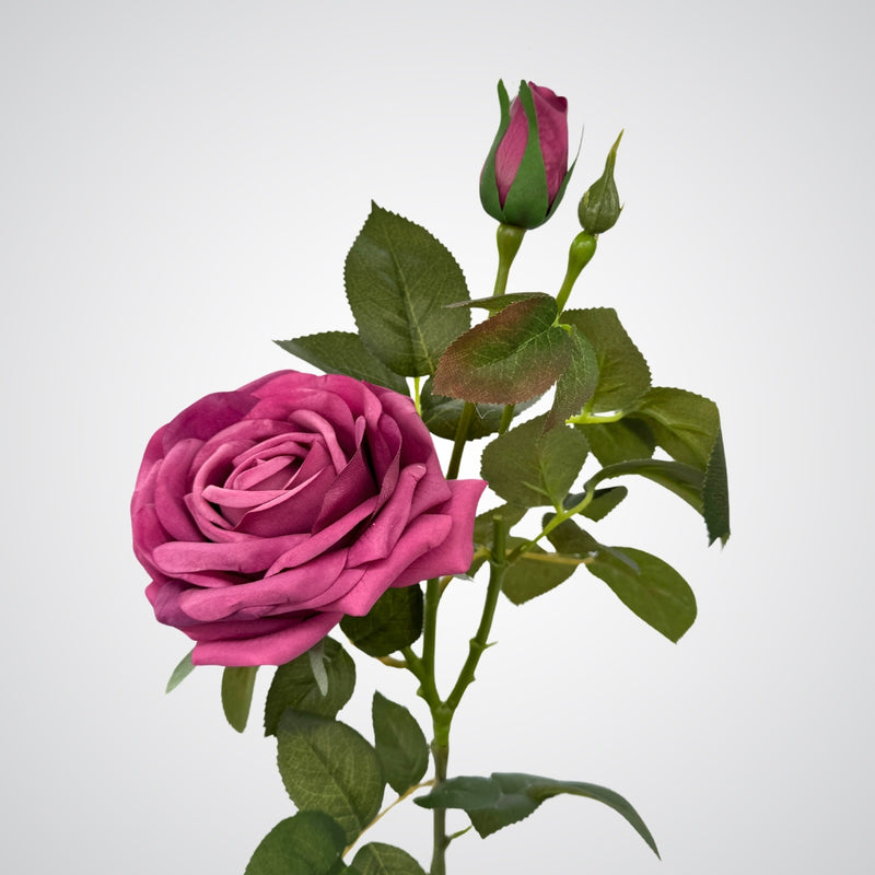 Close up of burgundy realistic artificial rose spray with fully open and closed buds, and green leaves by My Faux Florist Canada
