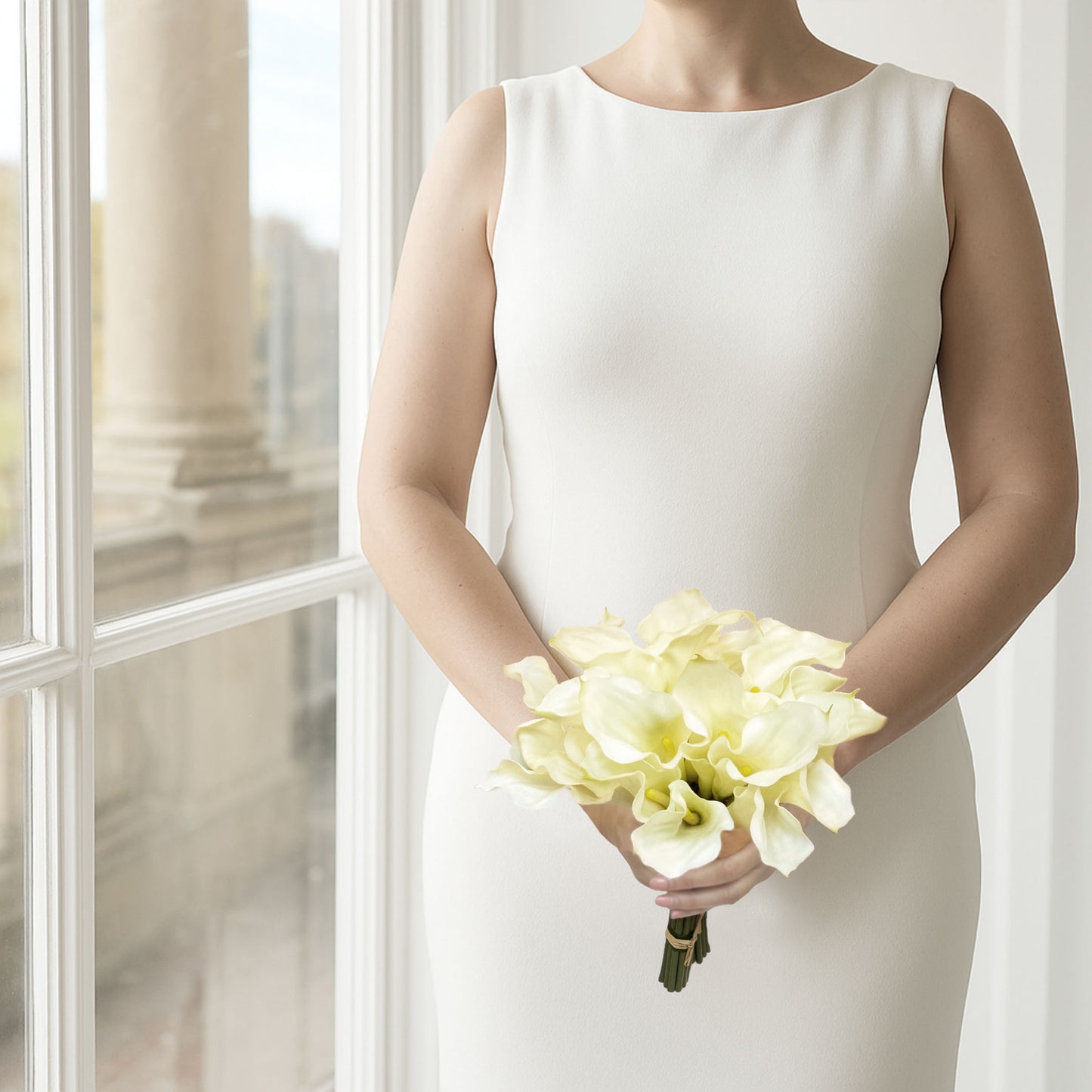 Bride in white dress holding a bouquet of white realistic artificial lilies with realistic Real Touch petals, from My Faux Florist artificial flowers Canada.