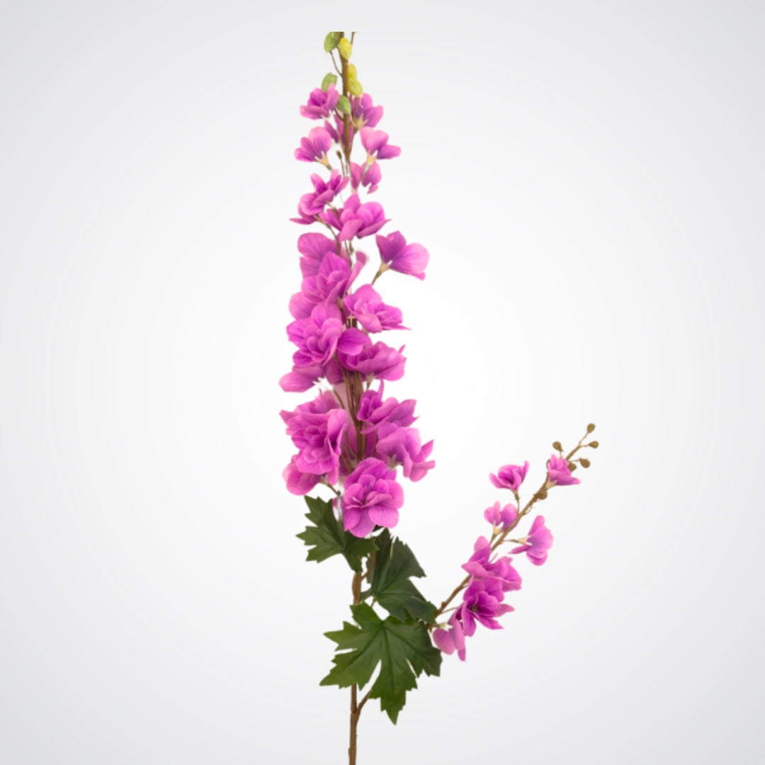 Medium close view of the bloom head of a fuchsia artificial delphinium flower with lifelike Real Touch details, by My Faux Florist Canada
