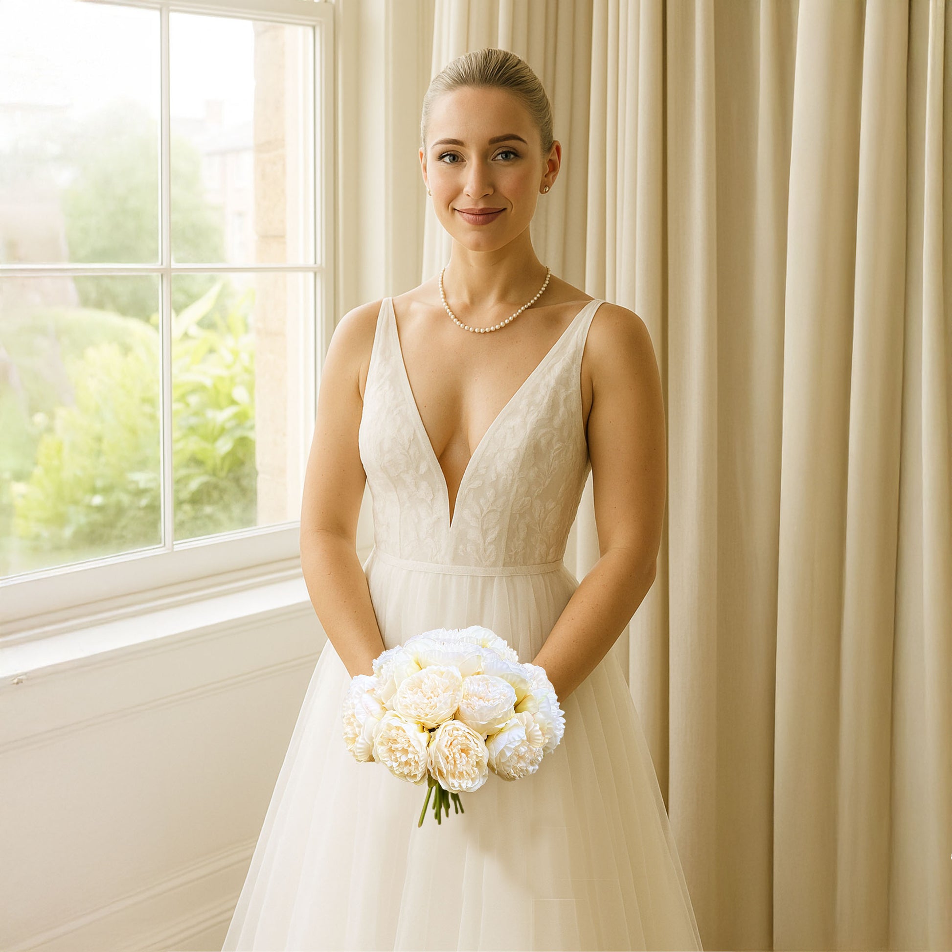 Bride holding a bouquet of white faux peonies in front of a cream curtain, by My Faux Florist artificial flowers Canada.