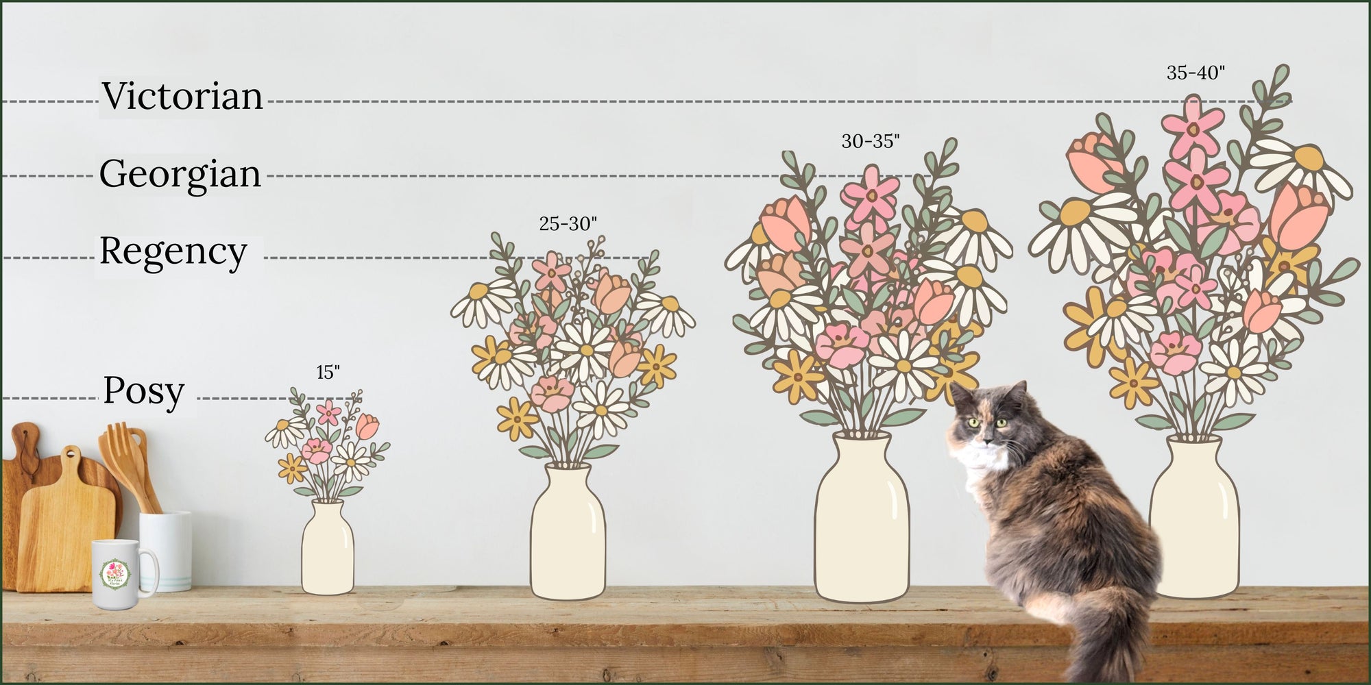 Illustrations of floral arrangements in vases with labeled sizes and a cat on a shelf. realistic artificial flowers from My Faux Florist Canada.