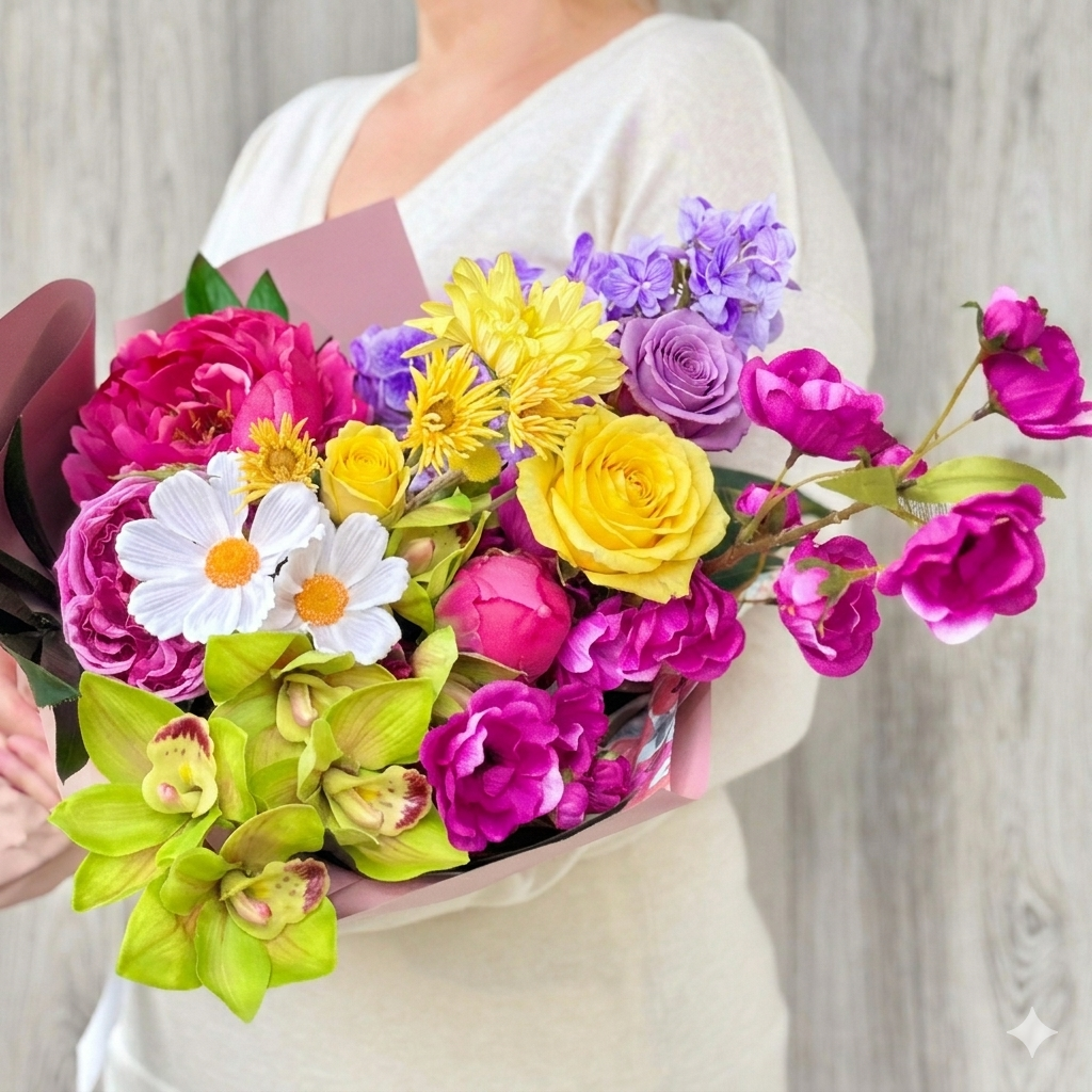 Bouquet of colorful and realistic artificial flowers held by a person against a neutral background. Faux peonies, faux roses, faux hydrangea, and faux orchids in an artificial flower bouquet for My Faux Florist Canada.