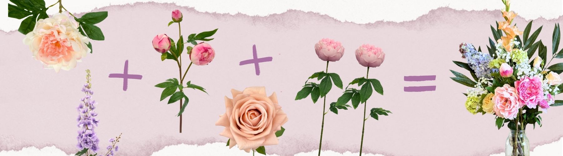 Decorative design with fake flowers and mathematical symbols on a light pink background by My Faux Florist artificial flowers Canada.