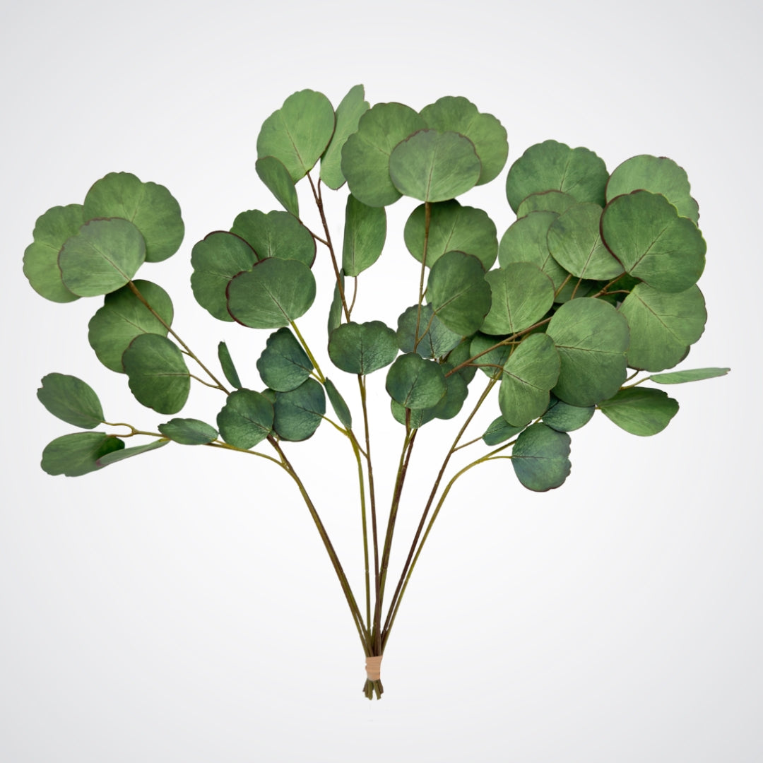 Full detailed view of artificial silver dollar eucalyptus leaves.  Real Touch eucalyptus by My Faux Florist Canada.