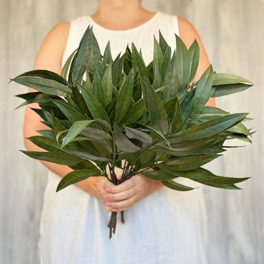 Woman holding short artificial willow stems as bouquet greenery, by Faux Florist Canada