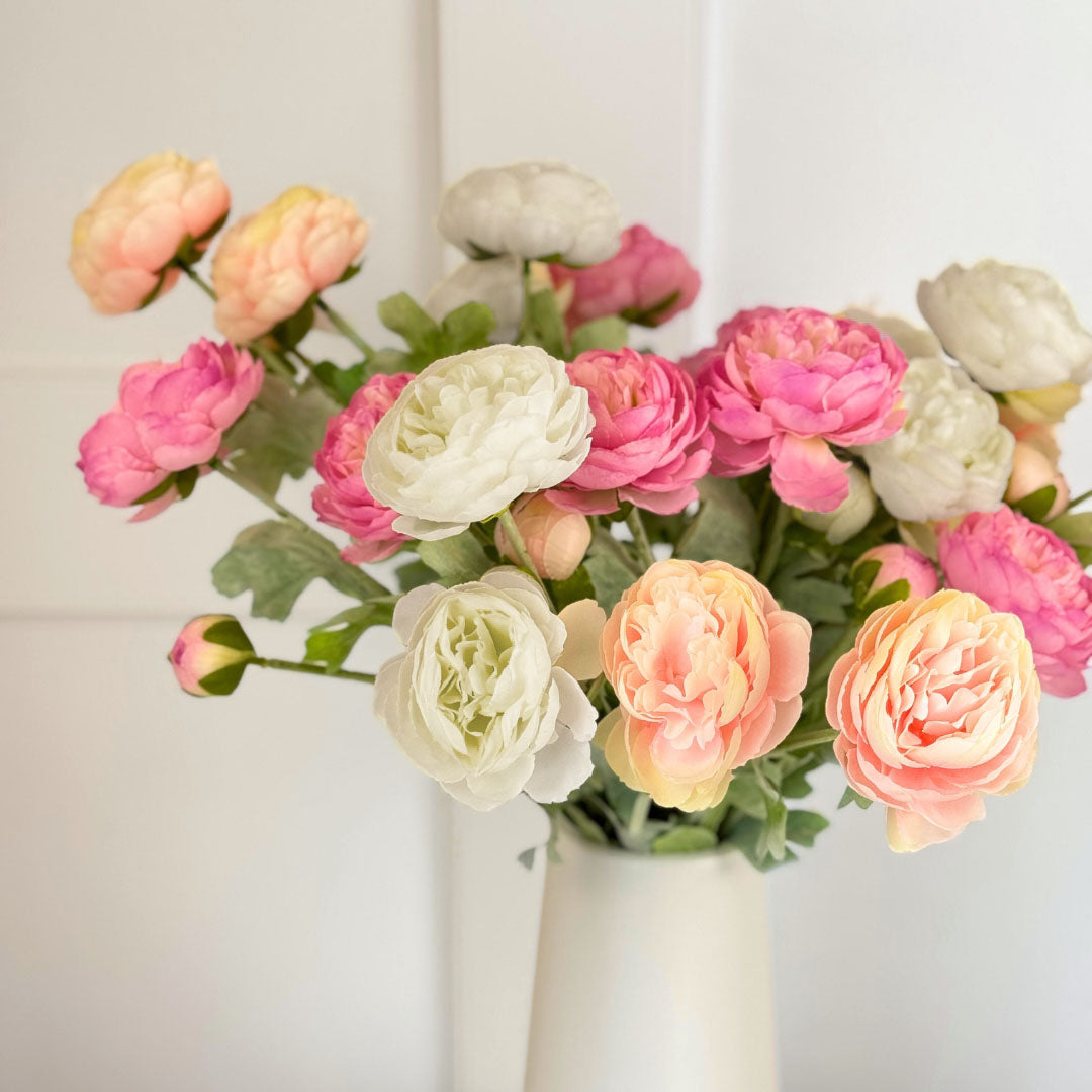Vase full of artificial roses in shades of pink, white, and green, by My Faux Florist artificial flowers Canada.