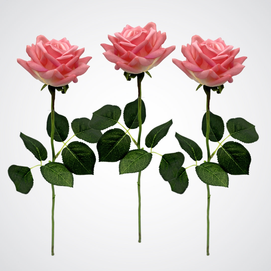 Set of 3 full length coral pink artificial tea roses that are Real Touch realistic looking fake roses by My Faux Florist Canada