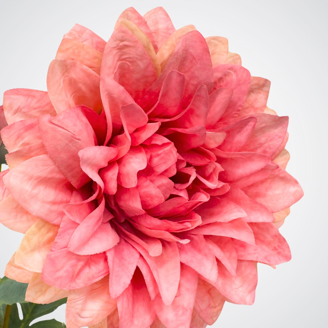 Close-up of a single pink artificial dahlia bloom, by Faux Florist Canada