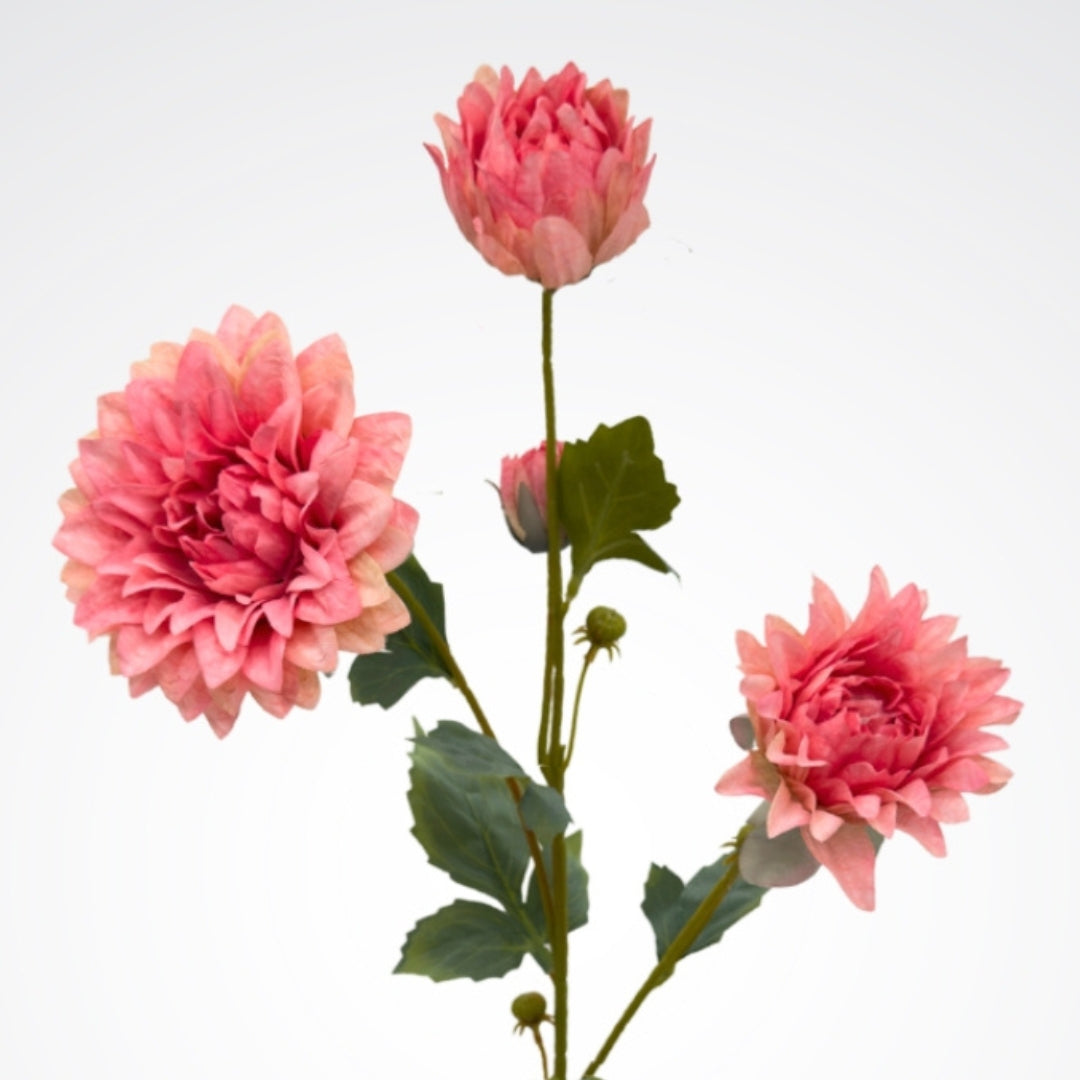 Pink artificial dahlia spray with 3 blooms on grey background