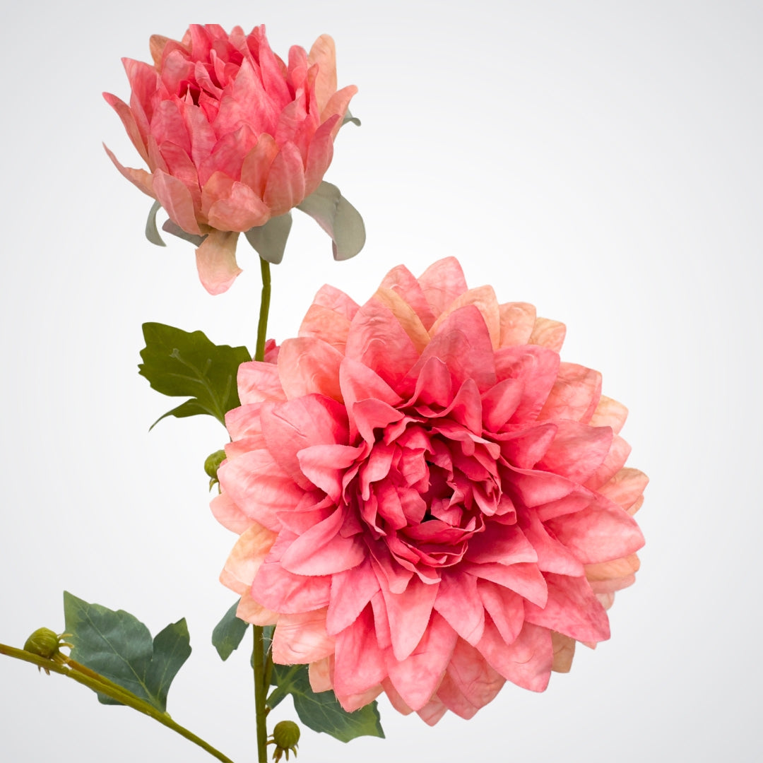 Profile view of pink artificial dahlia flower head and stem, by Faux Florist Canada