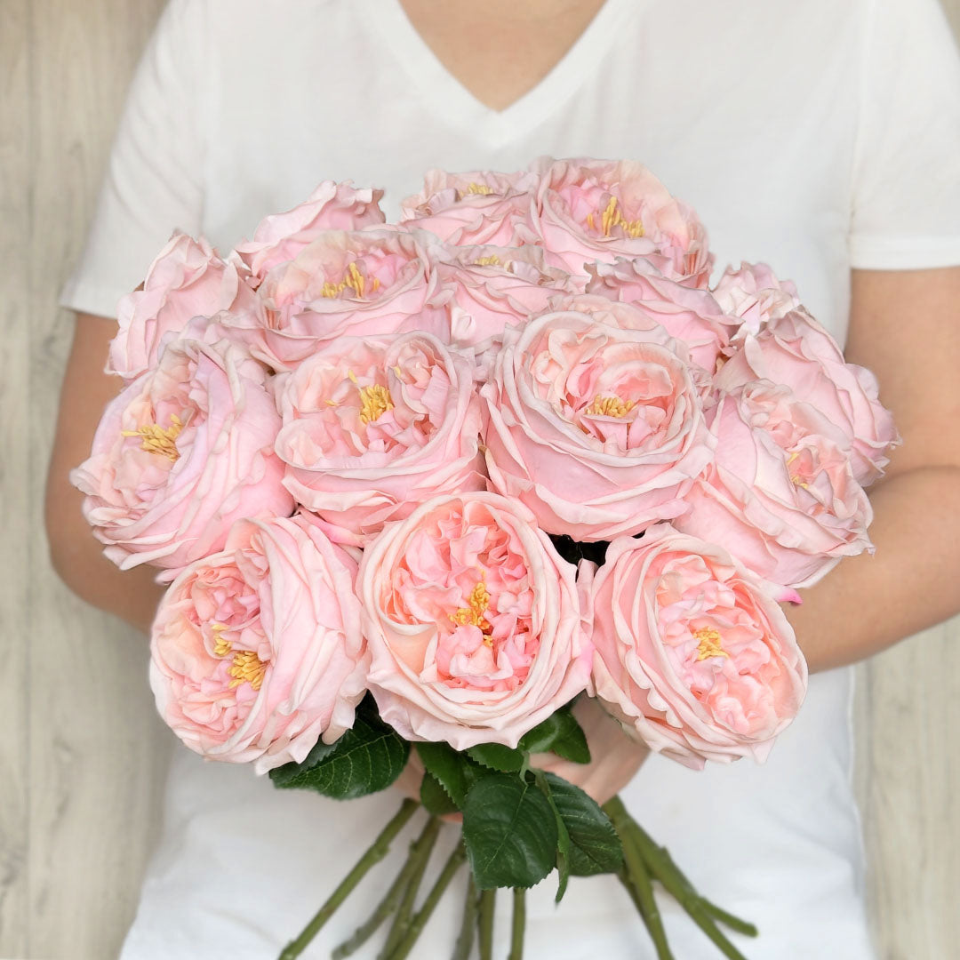 Person holding a bouquet of Austin style artificial roses in a light pink colour with realistic Real Touch petals, from My Faux Florist artificial flowers Canada.