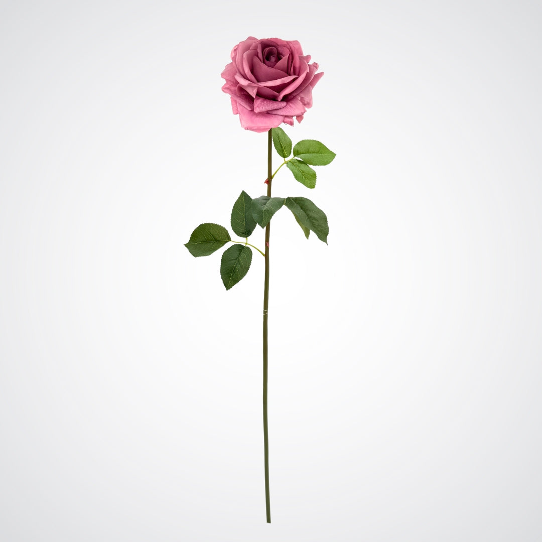 Single mauve pink faux rose on a white background, from My Faux Florist Canada.