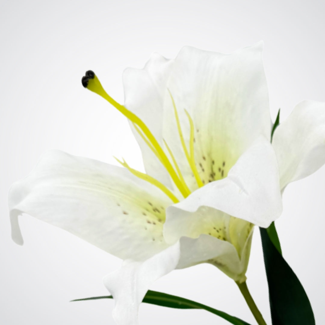 Close-up of premium white artificial lily bloom showing delicate 3D printed petals, by Faux Florist Canada