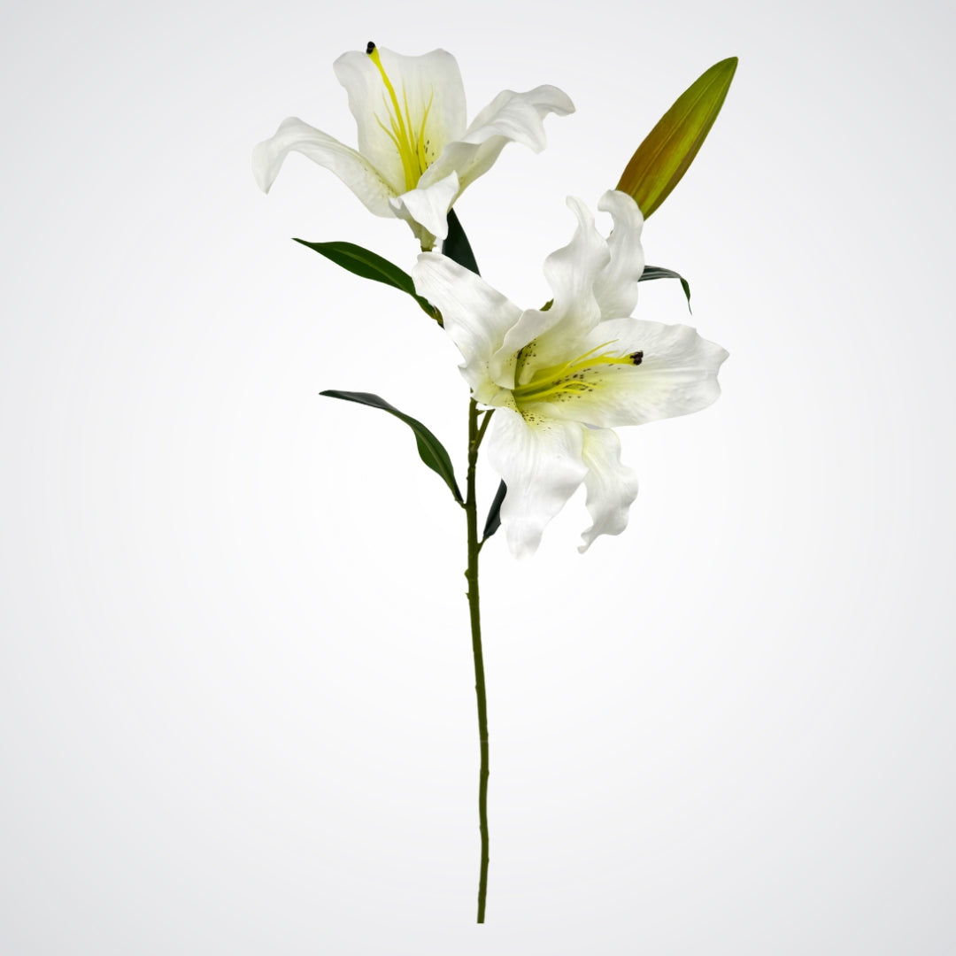 Artificial white lily flower arrangement on a light gray background