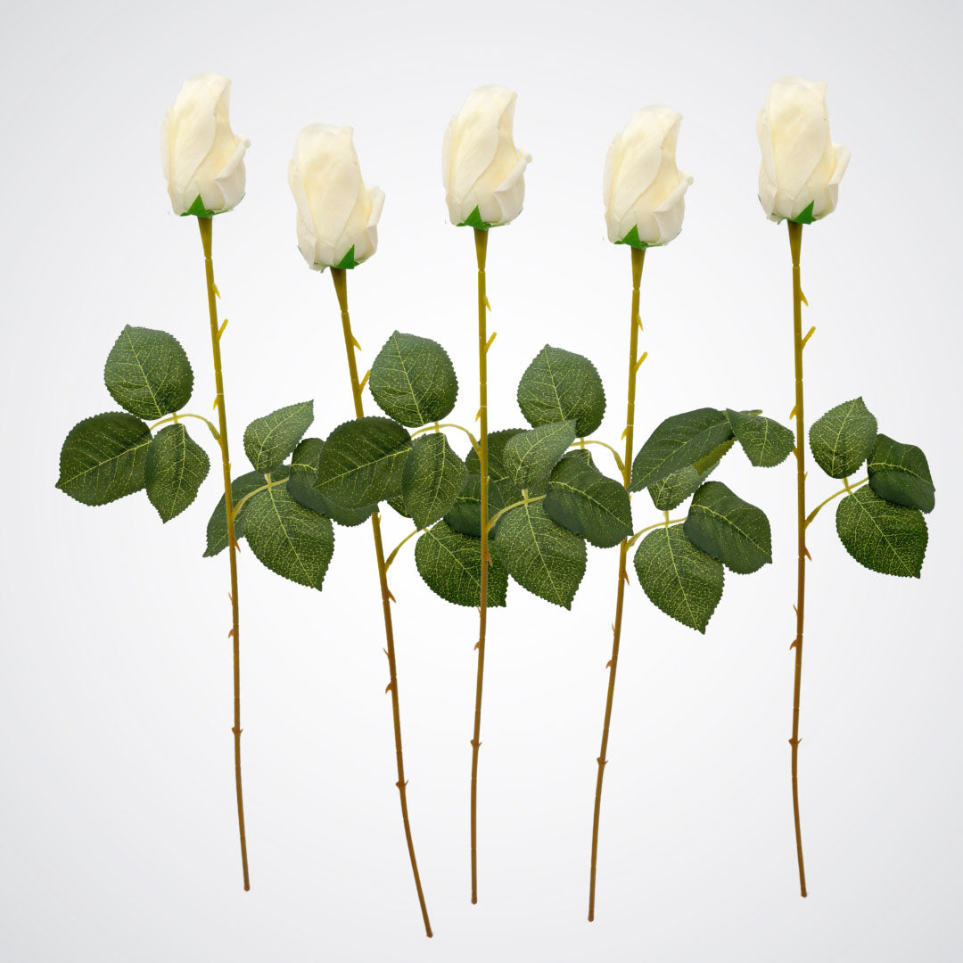 Set of five faux white rosebud stems with closed blooms and green leaves, by Faux Florist Canada
