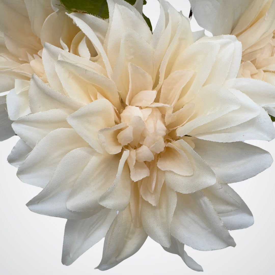 Close up view of a bloom from a artificial dahlia bush in a creamy white colour, on a white background, from My Faux Florist artificial flowers Canada.