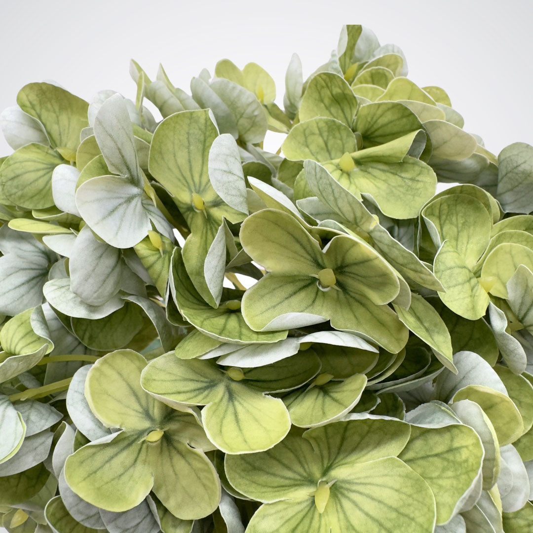 Close up of petals on an artificial hydrangea in an antique green colour with realistic Real Touch petals and detailing, from My Faux Florist artificial flowers Canada.