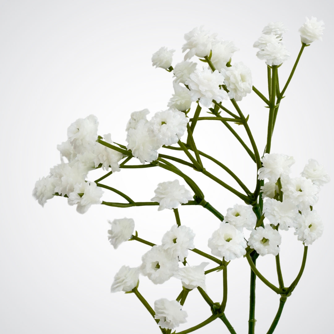 Close up of tiny blooms on a white artificial Baby's Breath flower made by Real Touch, from My Faux Florist Canada