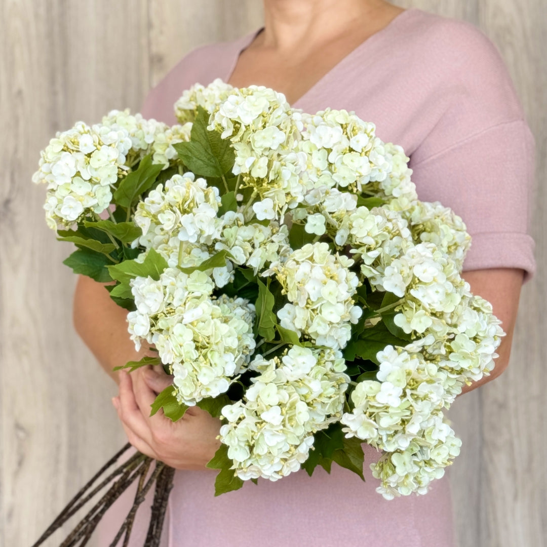 A person holding a bunch of white realistic artificial hydrangea stems with realistic Real Touch petals, from My Faux Florist artificial flowers Canada.