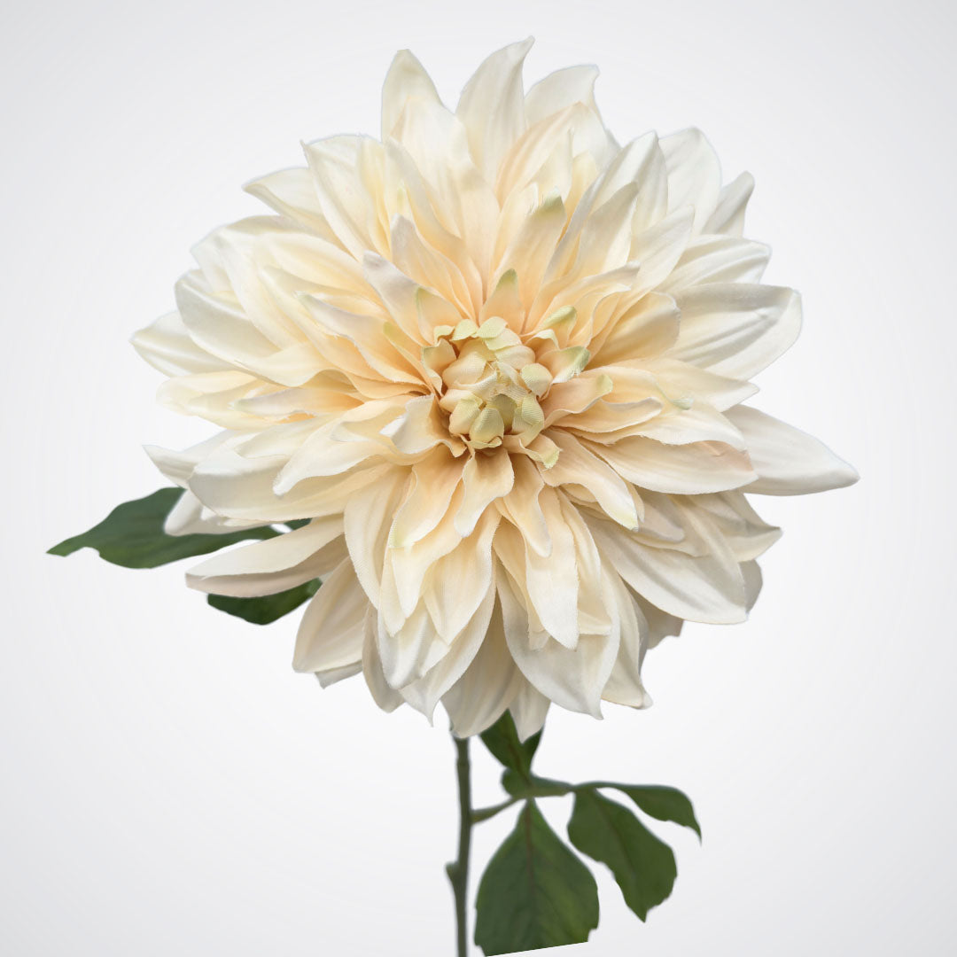 Close up of an artificial dahlia in a creamy white colour, on a neutral background, from My Faux Florist artificial flowers Canada.