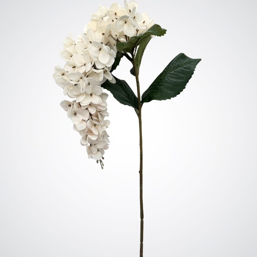 Full length view of an artificial wisteria branch in white, by My Faux Florist artificial flowers Canada.