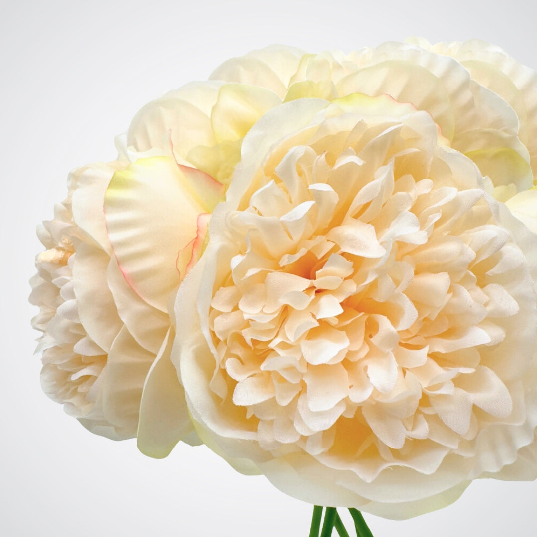 Close up of a bouquet of white faux peonies in front of a white background, by My Faux Florist artificial flowers Canada.