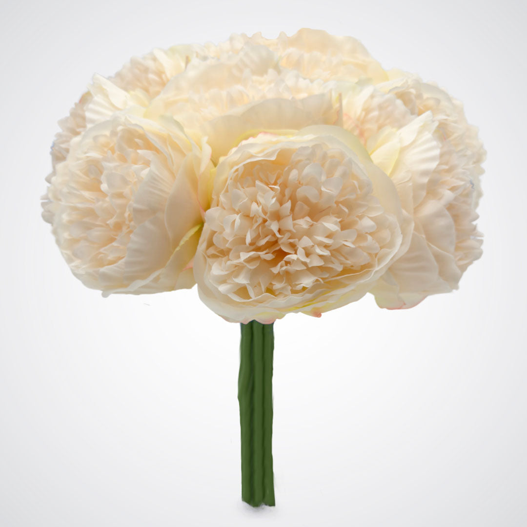 A bouquet of white faux peonies in front of a white background, by My Faux Florist artificial flowers Canada.