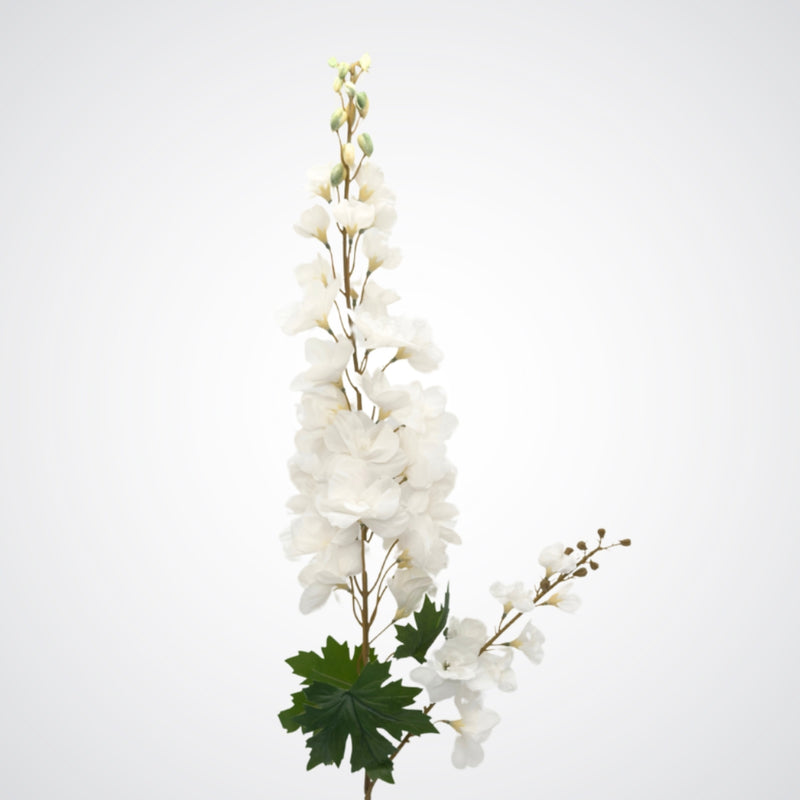 Real Touch petals on white artificial delphinium flower from My Faux Florist Canada.