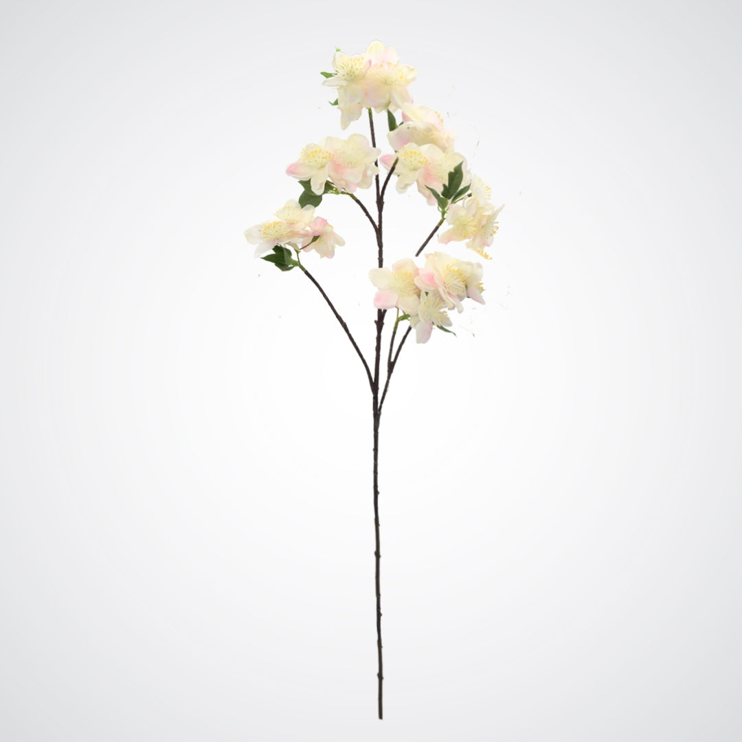 Full view of a artificial apple blossom branch with ivory white blooms and soft yellow pollen tips.  The petals are Real Touch and detailed, by My Faux Florist Canada