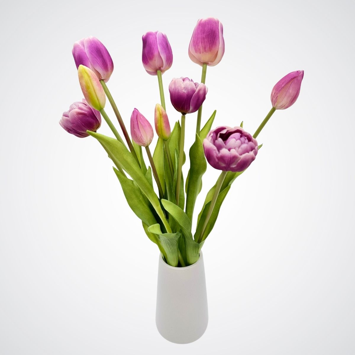 Bouquet of purple artificial tulips on a light gray background, for My Faux Florist Canada