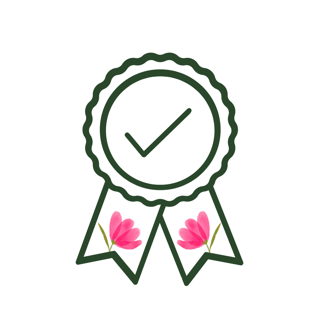 Artificial Flowers Canada. Green ribbon badge icon with checkmark and pink faux flowers, representing consistent quality by My Faux Florist.