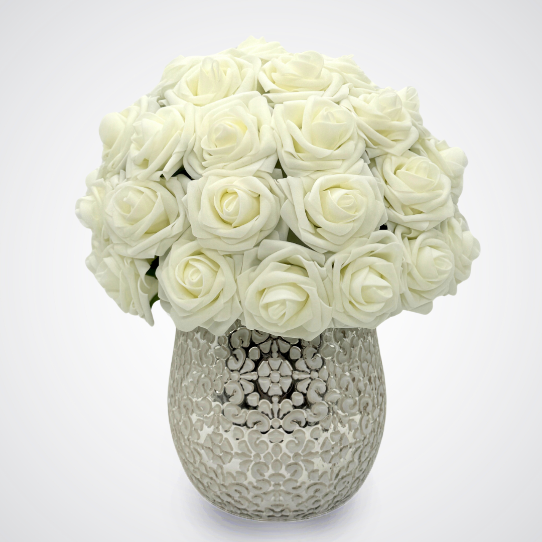 white foam roses arranged in a round shape with a decorative, textured vase from My Faux Florist Canada.