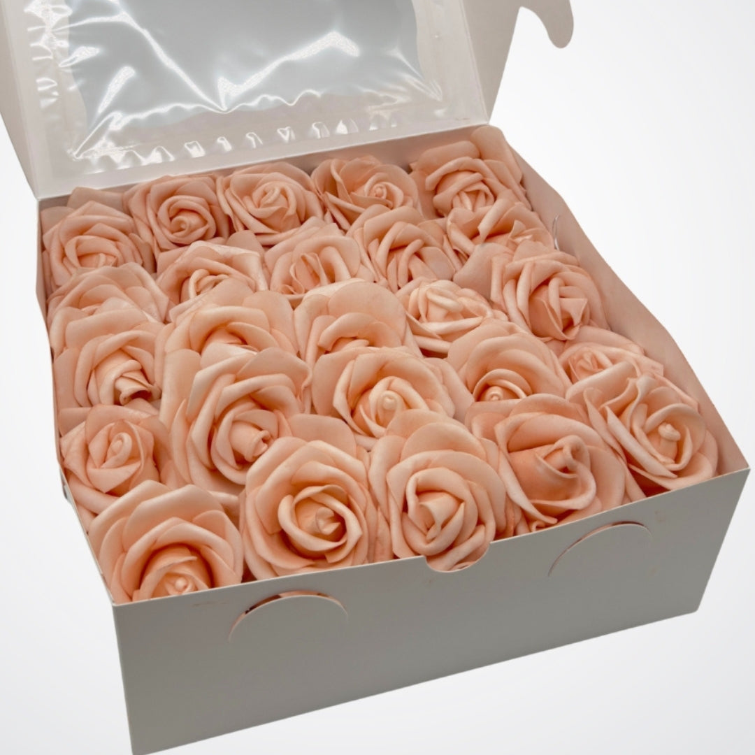 A box of peach artificial roses made of foam on a white background from My Faux Florist Canada.