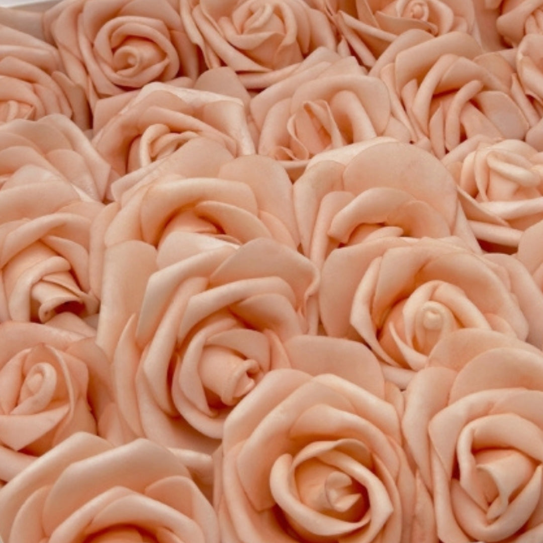 Close up of many peach artificial roses made of foam  from My Faux Florist Canada.