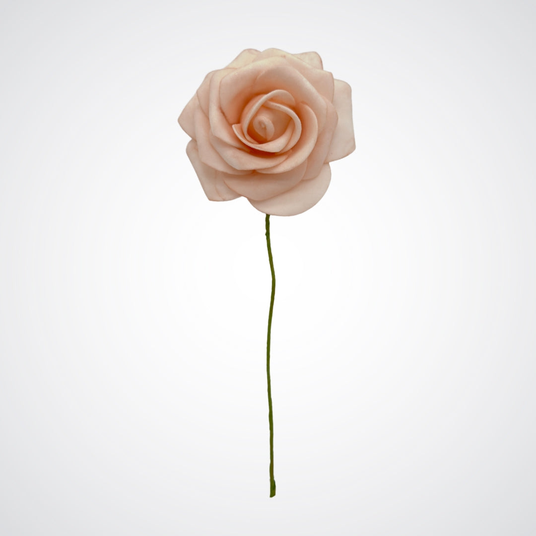 Single wire peach artificial rose made of foam on a white background from My Faux Florist Canada.