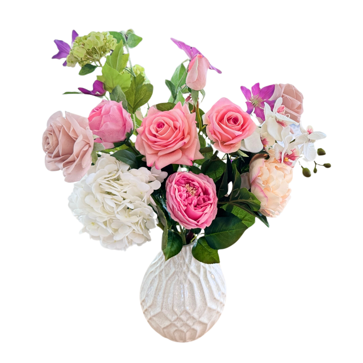 Bouquet of pink and white artificial flowers, realistic faux flowers, in a white vase,  for My Faux Florist Canada