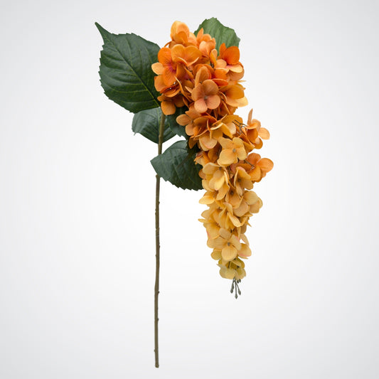 Full length view of an artificial wisteria branch in ombre orange and bronze colours, by My Faux Florist artificial flowers Canada.