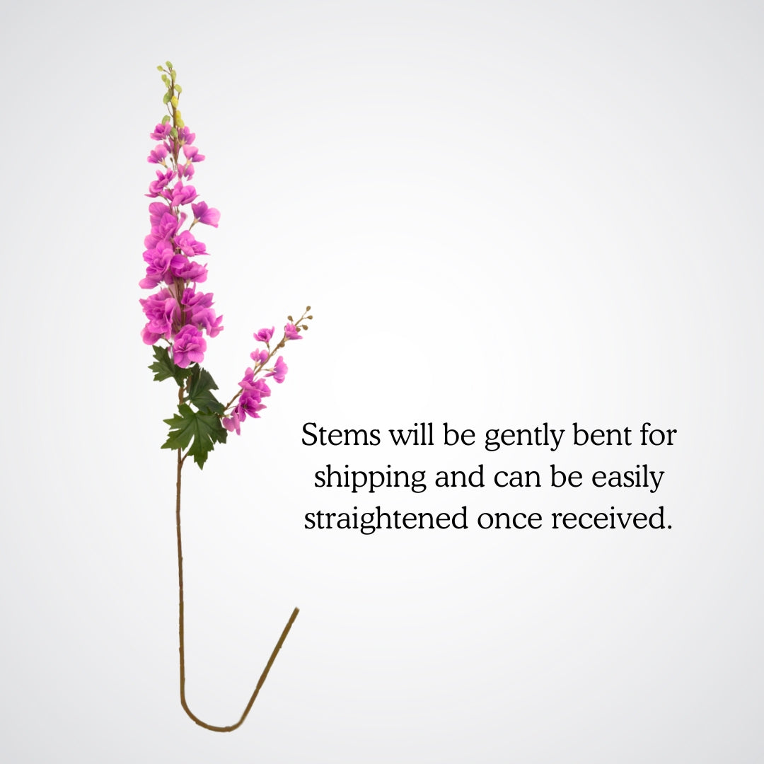 Full stem view of a fuchsia artificial delphinium flower with lifelike Real Touch details, by My Faux Florist Canada