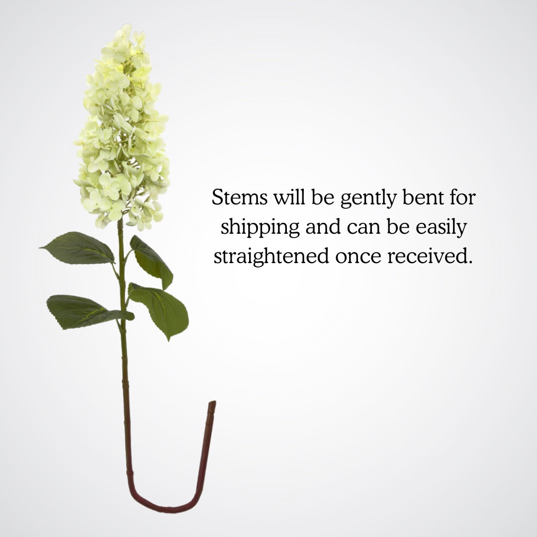 Full length bent stem from a pale green artificial hydrangea flower from My Faux Florist Canada.