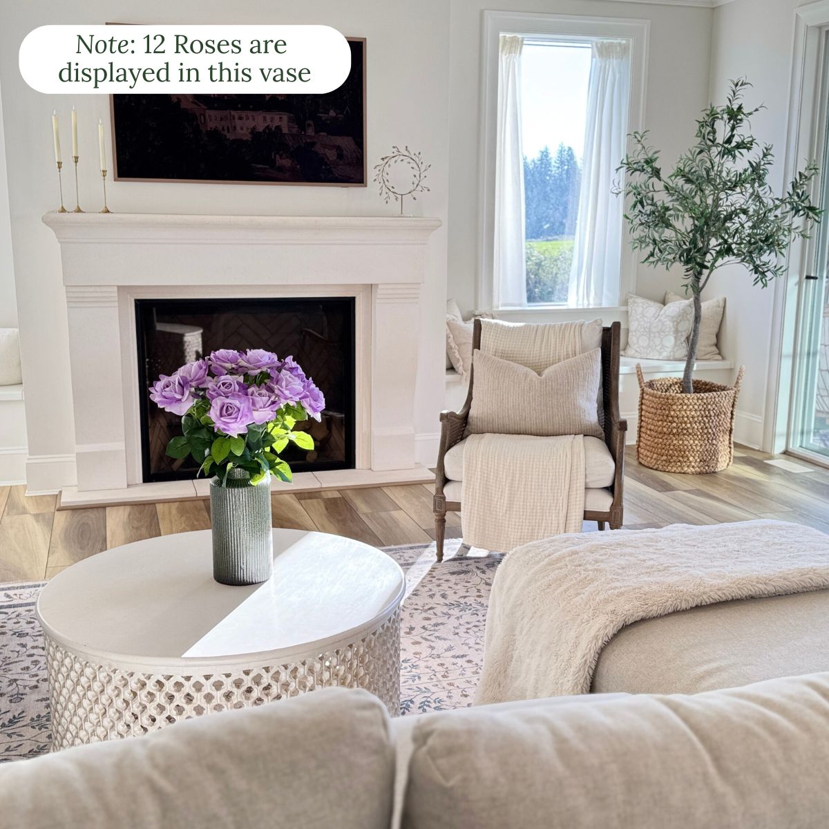 Lilac | realistic Real Touch artificial roses for Valentines in a warm living room | for My Faux Florist Canada