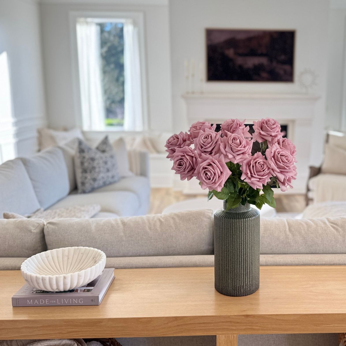 Antique Pink | Realistic Pink Real Touch artificial roses in a vase in front of a warm living room | for My Faux Florist Canada