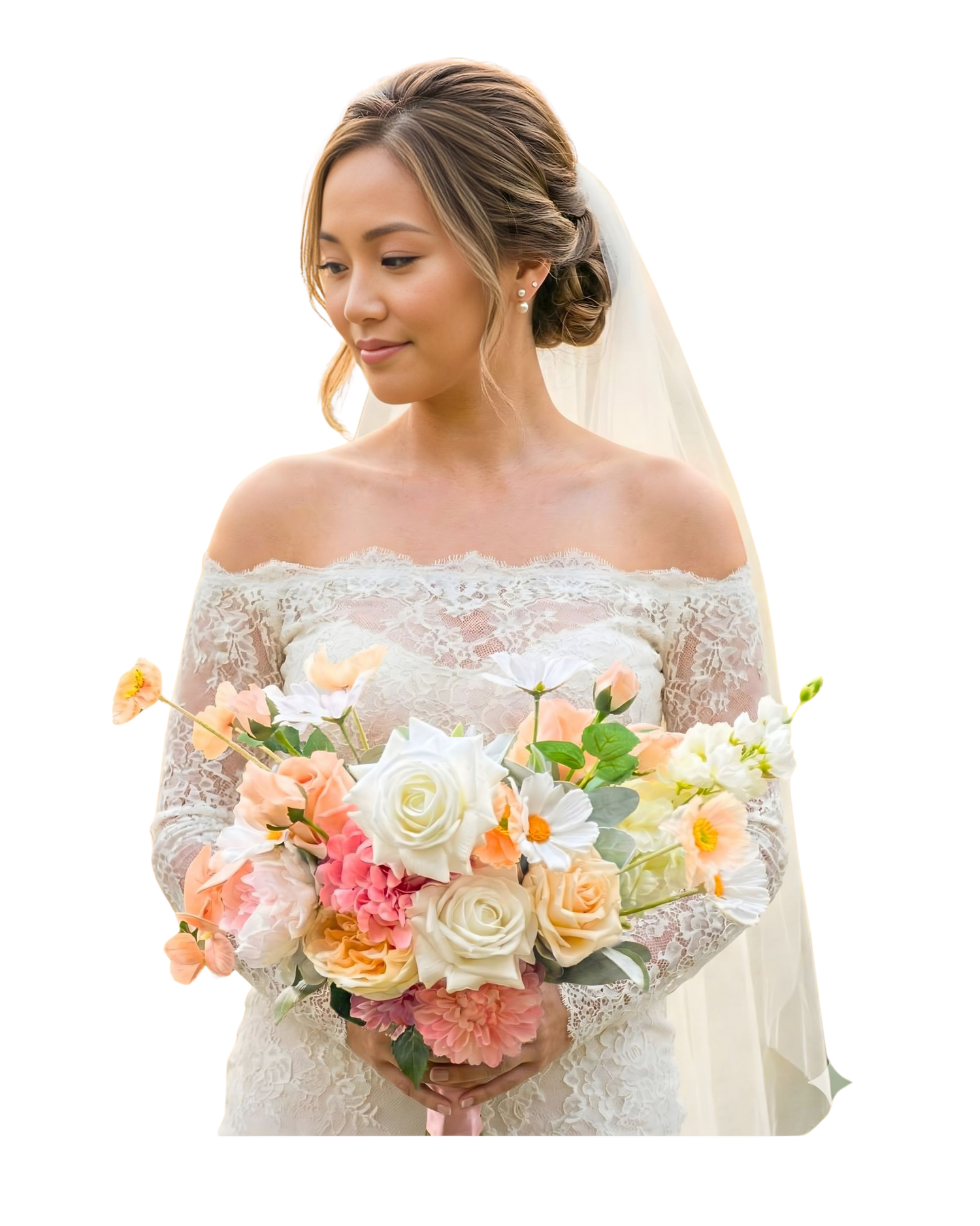 Bride standing outdoors holding an artificial wedding bouquet of realistic artificial flowers in peaches, whites and pinks from My Faux Florist Canada.