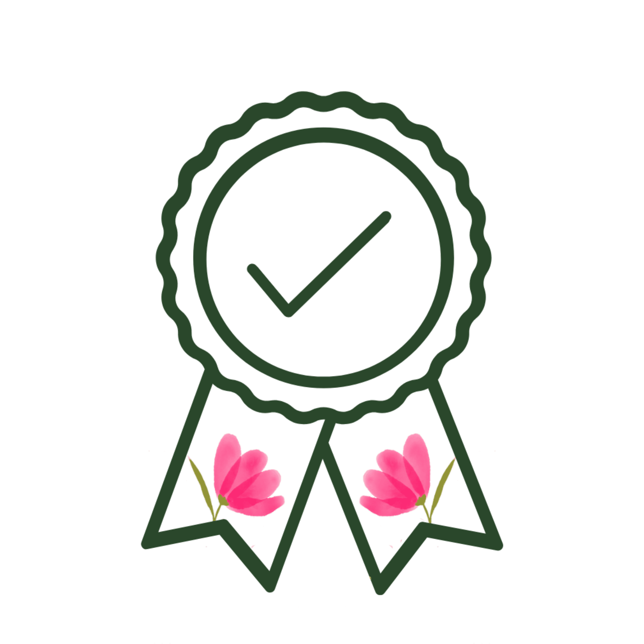 Artificial Flowers Canada. Green ribbon badge icon with checkmark and pink faux flowers, representing consistent quality by My Faux Florist.