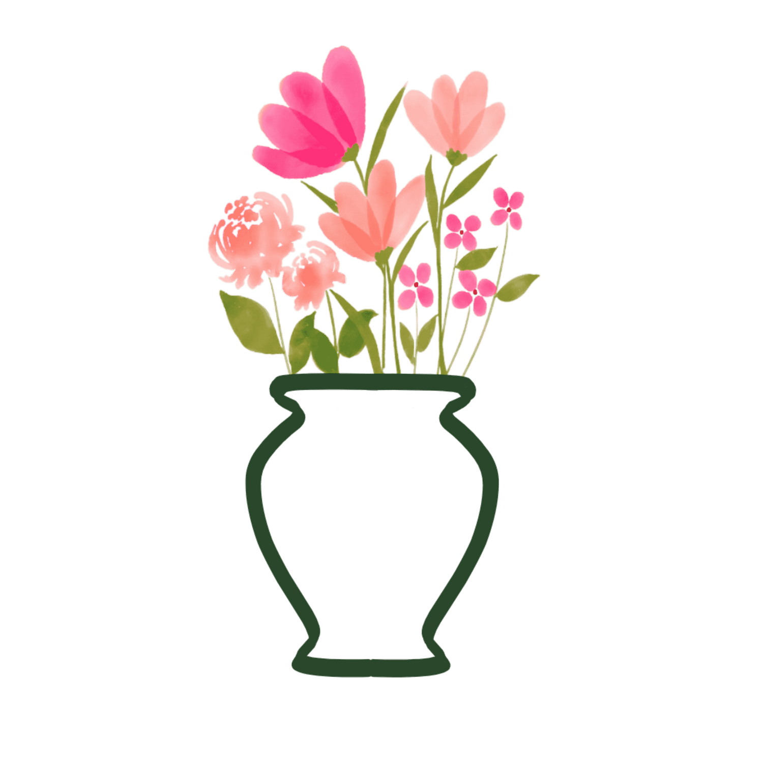 Artificial Flowers Canada. Green outline vase filled with pink faux flowers and leaves in watercolor style. Icon used for Arranging Made Simple by My Faux Florist.