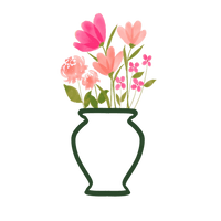 Artificial Flowers Canada. Green outline vase filled with pink faux flowers and leaves in watercolor style. Icon used for Arranging Made Simple by My Faux Florist.