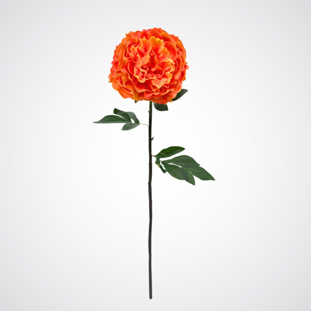 Single orange and yellow artificial peony on a white background from My Faux Florist Canada